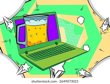 Cartoon Laptop, comic book Notebook with Beer glass. Retro vector comics pop art design.