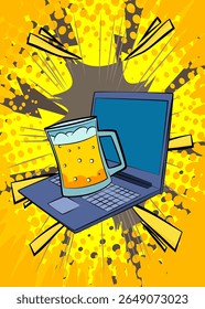 Cartoon Laptop, comic book Notebook with Beer glass. Retro vector comics pop art design.
