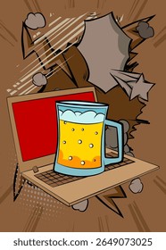 Cartoon Laptop, comic book Notebook with Beer glass. Retro vector comics pop art design.