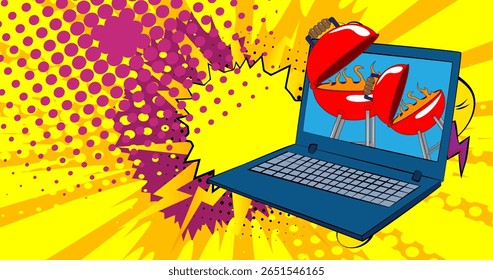 Cartoon Laptop, comic book Notebook with Burning wood in barbeque grill. Retro vector comics pop art design.