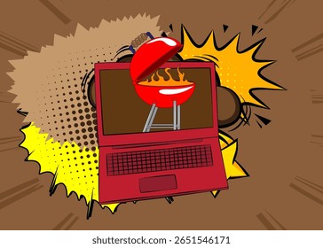 Cartoon Laptop, comic book Notebook with Burning wood in barbeque grill. Retro vector comics pop art design.