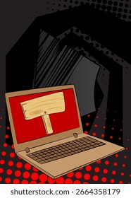 Cartoon Laptop, comic book Notebook with wood signboard. Retro vector comics pop art design.