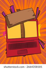 Cartoon Laptop, comic book Notebook with wood signboard. Retro vector comics pop art design.