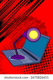 Cartoon Laptop, comic book Notebook with Office lamp. Retro vector comics pop art design.