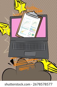 Portátil de dibujos animados, cuaderno de cómic con informe de negocios. Diseño de arte pop de cómics de Vector retro.