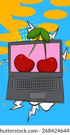 Portátil de dibujos animados, cuaderno de cómic con cereza. Diseño de arte pop de cómics de Vector retro.