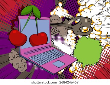 Portátil de dibujos animados, cuaderno de cómic con cereza. Diseño de arte pop de cómics de Vector retro.