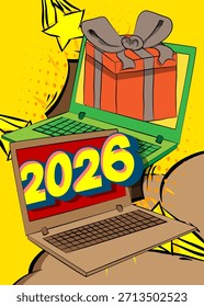Cartoon Laptop, comic book Notebook with Gift Box and number 2026. Retro vector comics pop art design.