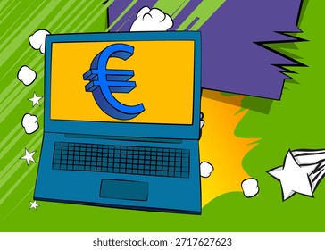 Cartoon Laptop, comic book Notebook with Euro Sign. Retro vector comics pop art design.