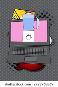 Portátil de dibujos animados, cuaderno de cómic con licuadora de alimentos. Diseño de arte pop de cómics de Vector retro.