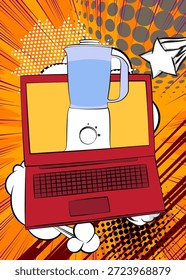 Portátil de dibujos animados, cuaderno de cómic con licuadora de alimentos. Diseño de arte pop de cómics de Vector retro.