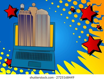 Portátil de dibujos animados, cuaderno de cómic con rascacielos. Diseño de arte pop de cómics de Vector retro.