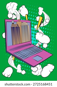 Laptop Desenho Animado, livro de quadrinhos Notebook com Arranha-céu. Quadrinhos vetoriais retrô com design de arte pop.