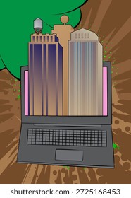 Portátil de dibujos animados, cuaderno de cómic con rascacielos. Diseño de arte pop de cómics de Vector retro.