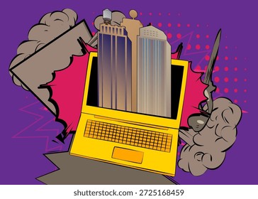 Portátil de dibujos animados, cuaderno de cómic con rascacielos. Diseño de arte pop de cómics de Vector retro.
