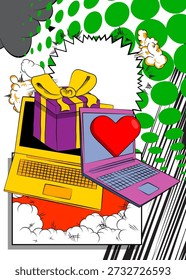 Cartoon Laptop, comic book Notebook with Heart and gift box. Retro vector comics pop art design.