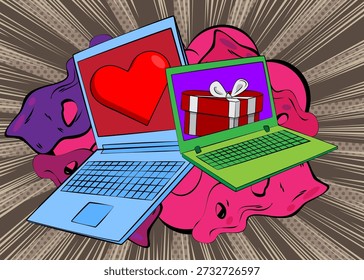 Cartoon Laptop, caderno de quadrinhos com coração e caixa de presente. Design de arte pop de quadrinhos vetoriais retrô.