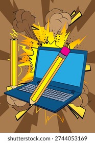 Cartoon Laptop, comic book Notebook with Pencil. Retro vector comics pop art design.