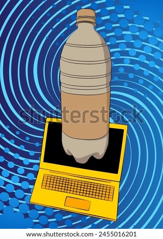 Cartoon Laptop, comic book Notebook with Water Bottle. Retro vector comics pop art design.