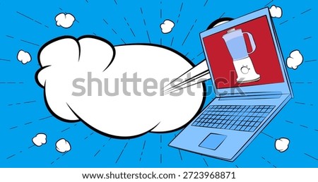 Cartoon Laptop, comic book Notebook with Food Blender. Retro vector comics pop art design.