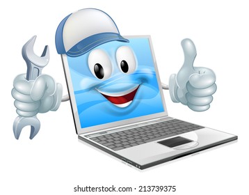 A cartoon laptop computer repair mascot with a cap and spanner doing a thumbs up
