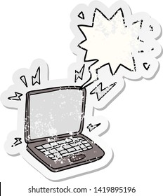 cartoon laptop computer with speech bubble distressed distressed old sticker