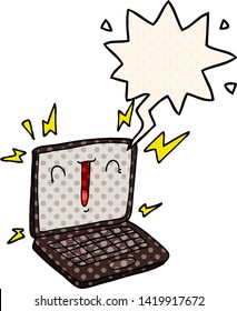 computadora portátil de dibujos animados con burbuja de voz en estilo de libro de historietas