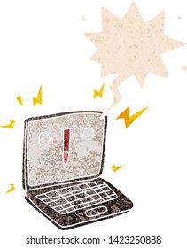 computadora portátil de dibujos animados con burbuja de voz en un estilo retro con grises angustiados