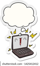 computadora portátil de dibujos animados con burbuja de pensamiento como pegatina impresa