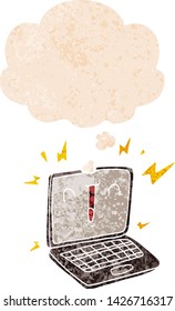 cartoon laptop computer with thought bubble in grunge distressed retro textured style