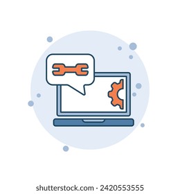 Portátil de dibujos animados con ilustración vectorial de iconos de engranajes. Icono de la llave en el fondo de las burbujas. Concepto de signo de configuración.