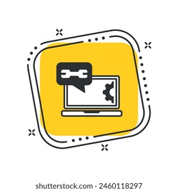 Cartoon laptop with gear icon vector illustration. Wrench icon on isolated yellow square background. Settings sign concept.