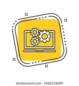 Cartoon laptop with gear icon vector illustration. Optimization icon on isolated yellow square background. Cogwheel sign concept.