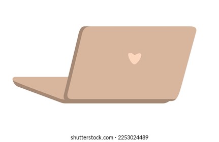 Icono de portátil de dibujos animados color beige con corazón sobre la cubierta. Dispositivo electrónico aislado en el fondo blanco. Ilustración vectorial de un ordenador de estilo minimalista.