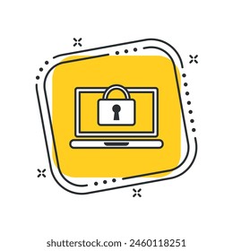 Portátil de dibujos animados con Ilustración vectorial de icono de candado. Candado sobre fondo cuadrado amarillo aislado. Concepto de señal de acceso.