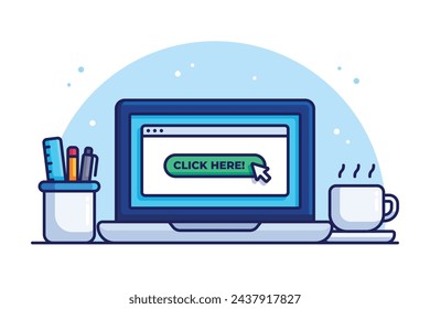 Cartoon laptop with mouse cursor click