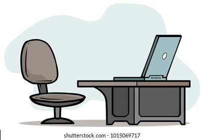 Cartoon laptop on table with office chair. Vector icon concept.