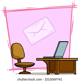 Cartoon laptop on table with office chair and mail icon on background. Vector illustration concept.