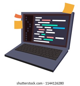 Cartoon laptop with programming and coding concept code on the screen vector illustration