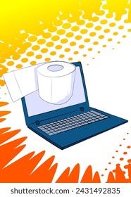 Cartoon Laptop Toilet Paper, comic book Notebook Hygiene Accessory. Retro vector comics pop art design.