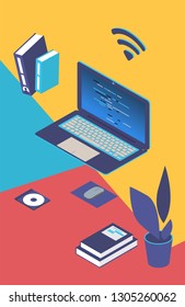 Cartoon laptop, WiFi, book, disc, flower of elements for design vector isometric illustration. Colour background.