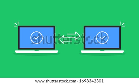 cartoon laptops like easy data file transfer. concept of info or web doc migration on notebook screen and electronic archive storage. simple flat modern graphic design isolated on green background