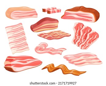 Cartoon lard. Bacon ukraine salo pork, culinary fats appetizers smoked brisket streaky raw meat product cooking tasty gourmet delicious snacks breakfast, neat vector illustration culinary