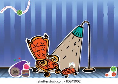 A cartoon large chair and thread in the blue room.