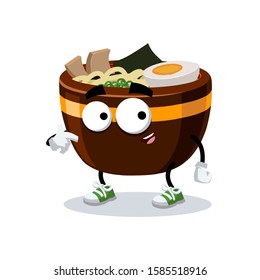 cartoon large cup of ramen noodles mascot showing himself on a white background