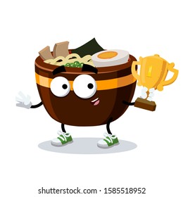 cartoon large cup of ramen noodles mascot holds the number one cup on white background