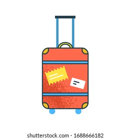 Cartoon großer orangefarbener Koffer mit Griff, Vektorflachgrafik. Farbiges Reisegepäck mit Aufklebern einzeln auf weißem Hintergrund. Grosses Gepäckgehäuse auf Rädern für Reisen