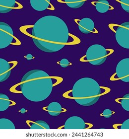 A cartoon large pattern with Saturn. Planets in space. Space vector graphics for printing, seamless galaxy background with planets.