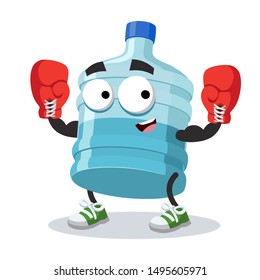 cartoon large plastic water bottle mascot in red boxing gloves on white background