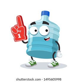 cartoon large plastic water bottle character mascot with the number 1 one sports fan hand glove on a white background